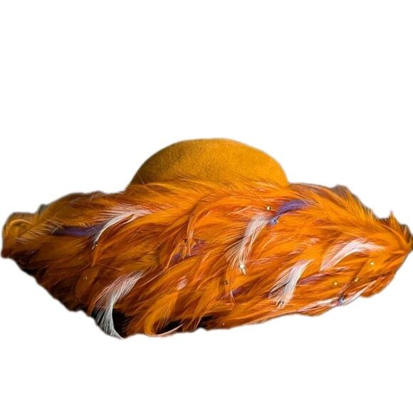 George Zamaul Couture Ladies Orange Felt Hat Feathers Rhinestones Church Formal main image 6